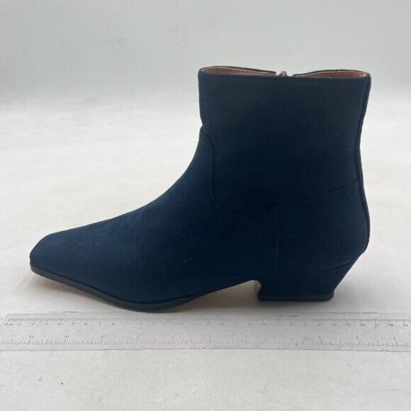 Navy Square Toe Booties Low Chunky Heels Side Zipper Ankle Boots Formal Shoes - Picture 2 of 8